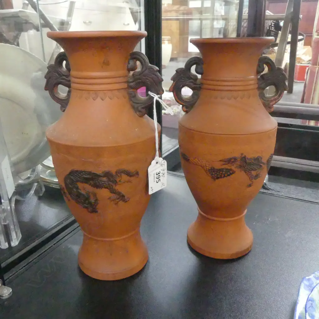 PAIR JAPANESE TERRACOTTA VASES C1900, THREE CLAW DRAGON RELIEF DETAILING , TWO HANDLE HOLDS, H.250mm Image 1++