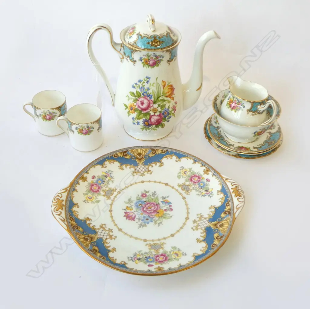 SHELLEY CHINA COFFEE POT C/SUGAR CAKE PLATE 2C/S & SMALL DISH BLUE FLORAL PAT Image 1++