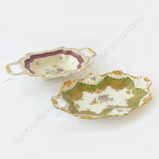 2 GERMAN PORC 2 HANDLED FLORAL DISHES L330 & 310MM