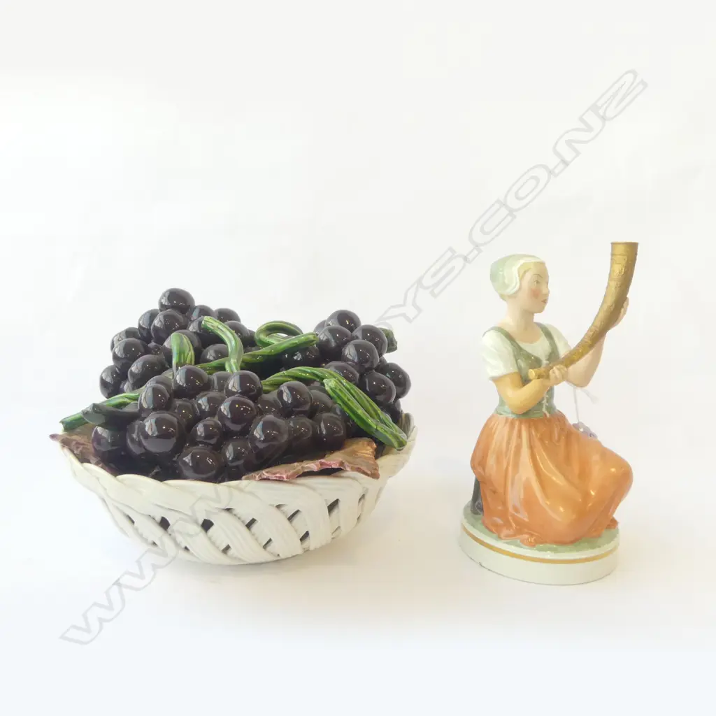 COPENHAGEN FIGURINE RESTORED GIRL WITH HORN H220 & ITALIAN CHINA FRUIT BASKET  Image 1++