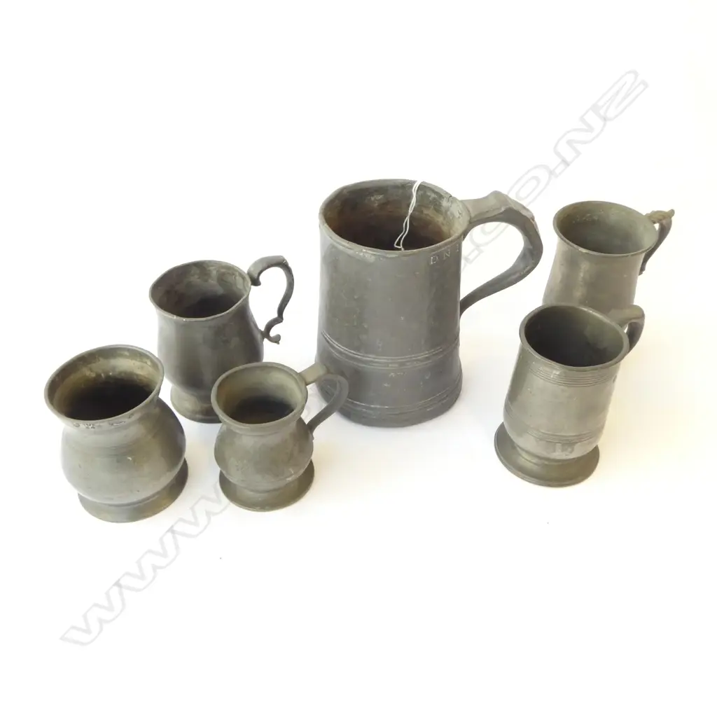  6 GEORGIAN & VICTORIAN PEWTER MEASURES & TANKARDS SOME TOUCH MARKS, H.78-115MM Image 1++