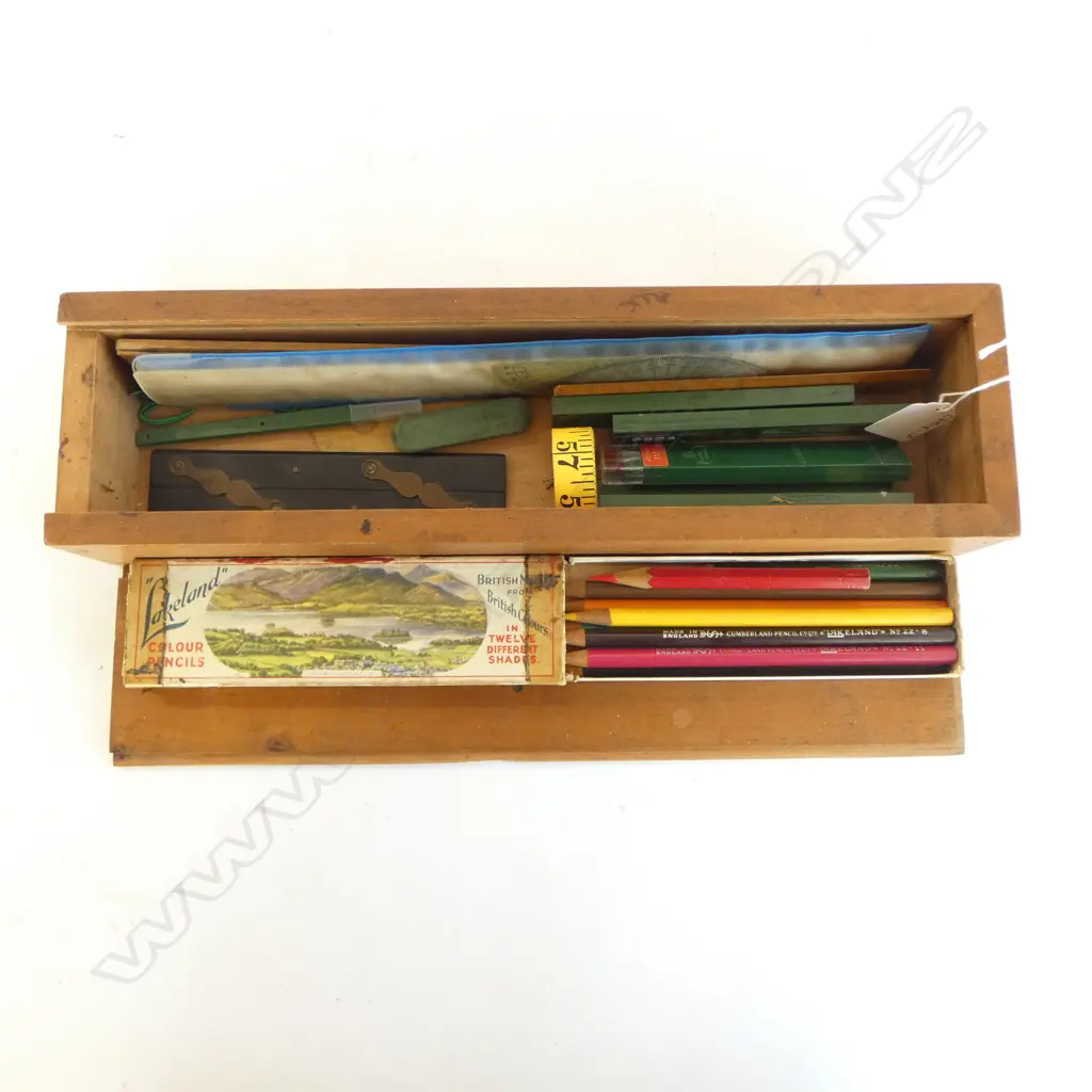 VINTAGE BOX w. ASST. VINTAGE RULERS, COLOUR PENCILS & CASTELL LEAD PEN REFILS Image 1++