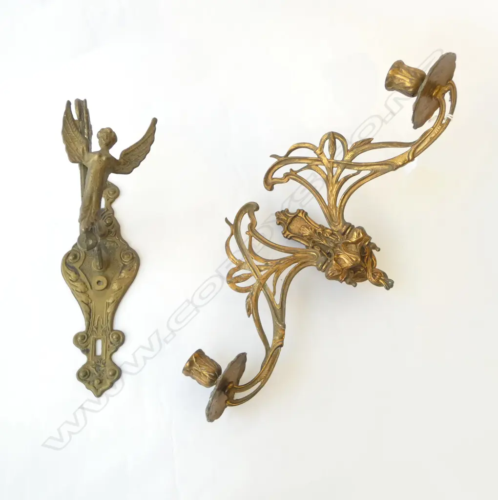 ART NOUVEAU BRASS CANDLE SCONCE & BRASS ANGEL WALL BACKET, W.450MM, H.175MM (SCONCE) Image 1++