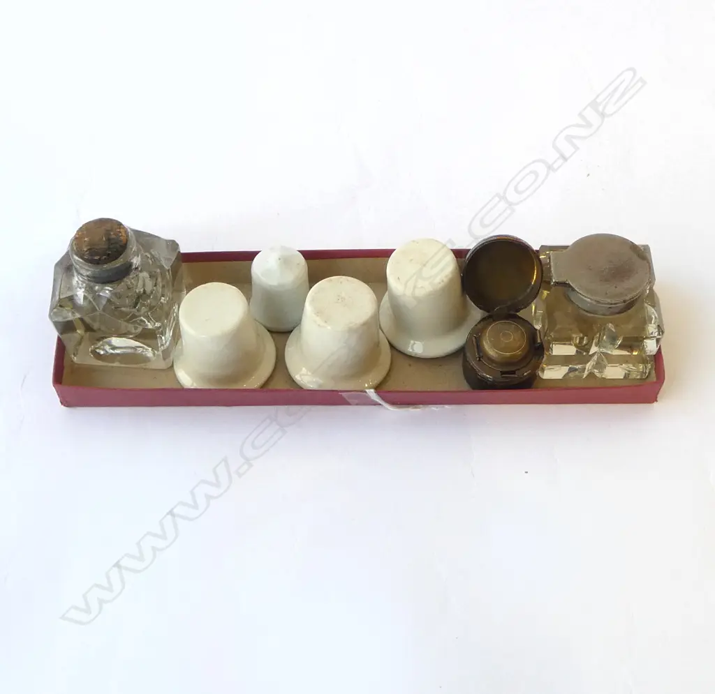 7 ANTIQUE INKWELLS ONE TRAVELLING, 4 PORCELAIN, ETC Image 1++
