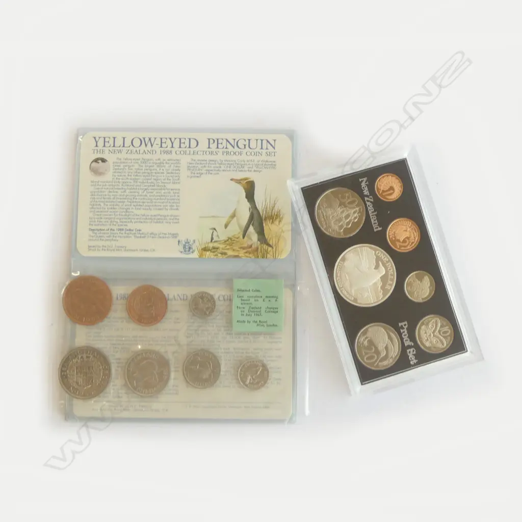 1988 N.Z. PROOF COIN SET w. 925 SILVER $1 COIN (27.216gms) + N.Z. 1965 COMPLETE DECIMAL COINAGE Image 1++
