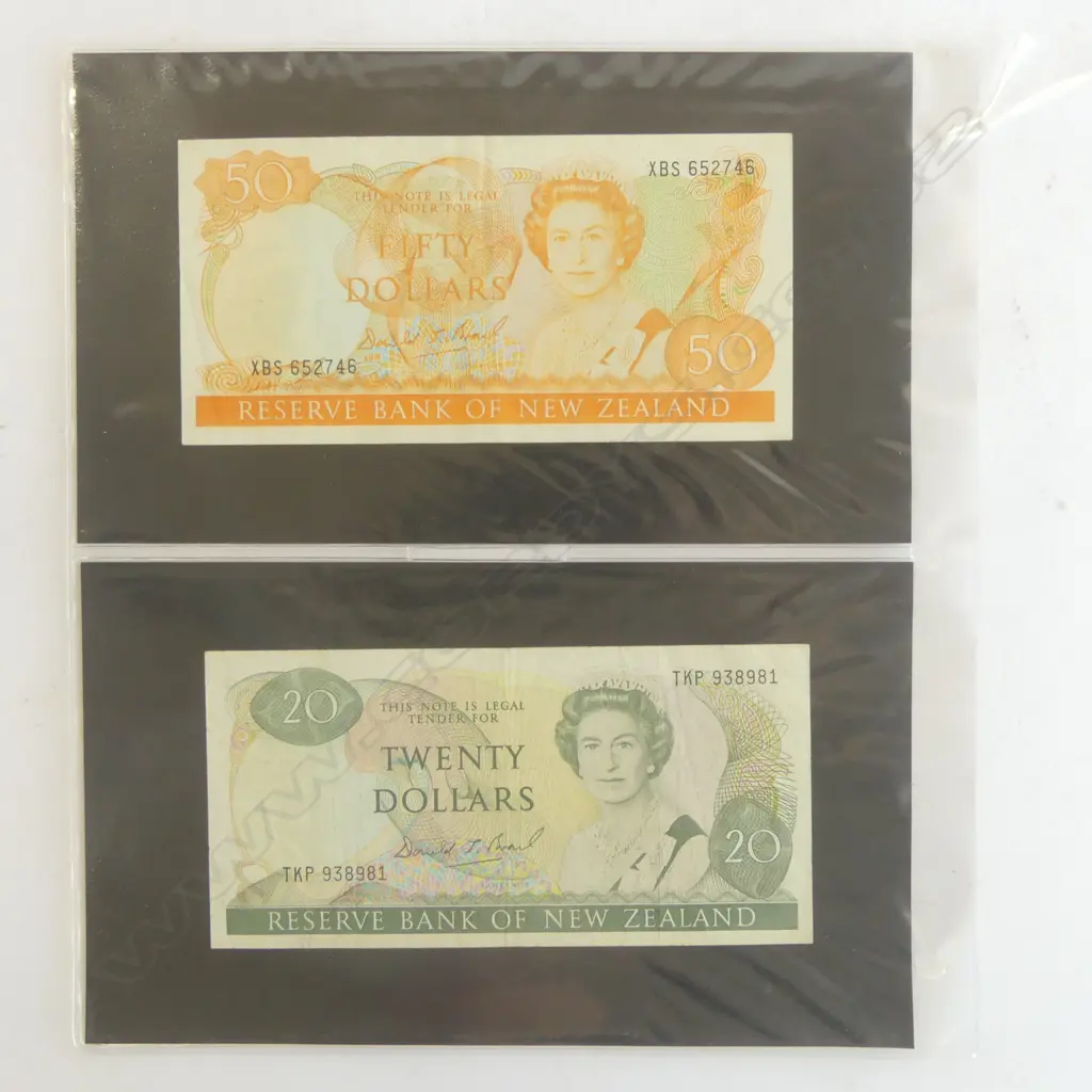 2 NZ DECIMAL BANK NOTES signed by DONALD BRASH, $50 & $20 Image 1++
