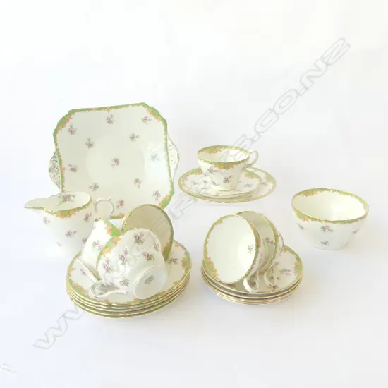 SHELLEY CHINA TEASET 6CSPS CAKE PLATE C/SUGAR PINK ROSE PAT