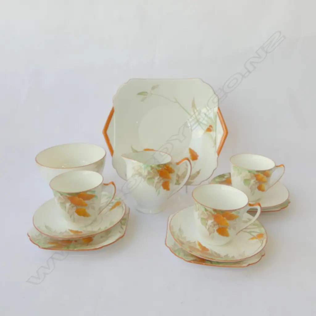 SHELLEY CHINA PART DECO TEASET 3CSPS CAKE PLATE C/SUGAR ORANGE FLOWER PAT Image 1++