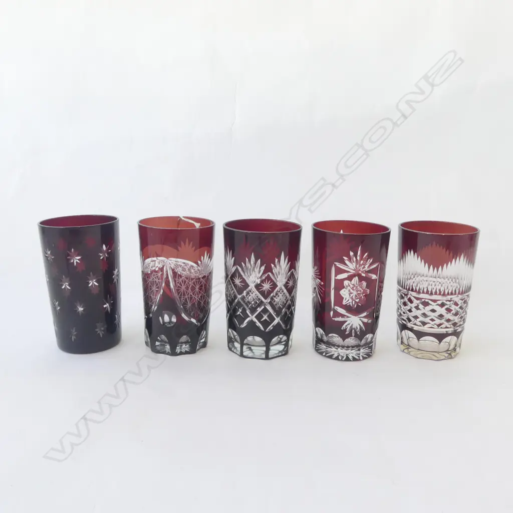  FIVE CUT GLASS RUBY RED TUMBLERS H130mm Image 1++