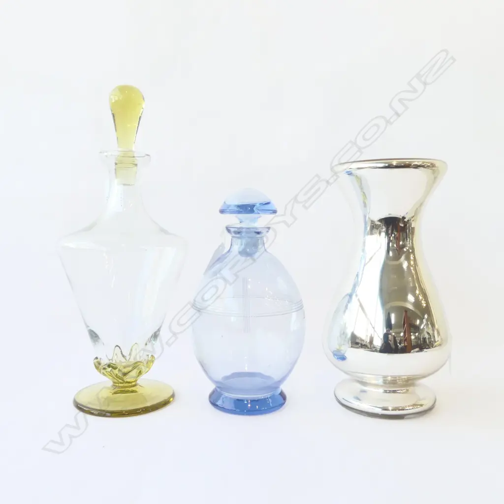 MERCURY GLASS VASE H240MM & 2 COLOURED GLASS DECO DECANTERS H320 & 200MM Image 1++