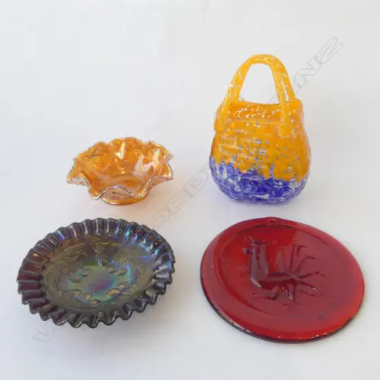 TWO CARNIVAL GLASS BOWLS + ART GLASS BASKET + WINDOW ART GLASS DISC