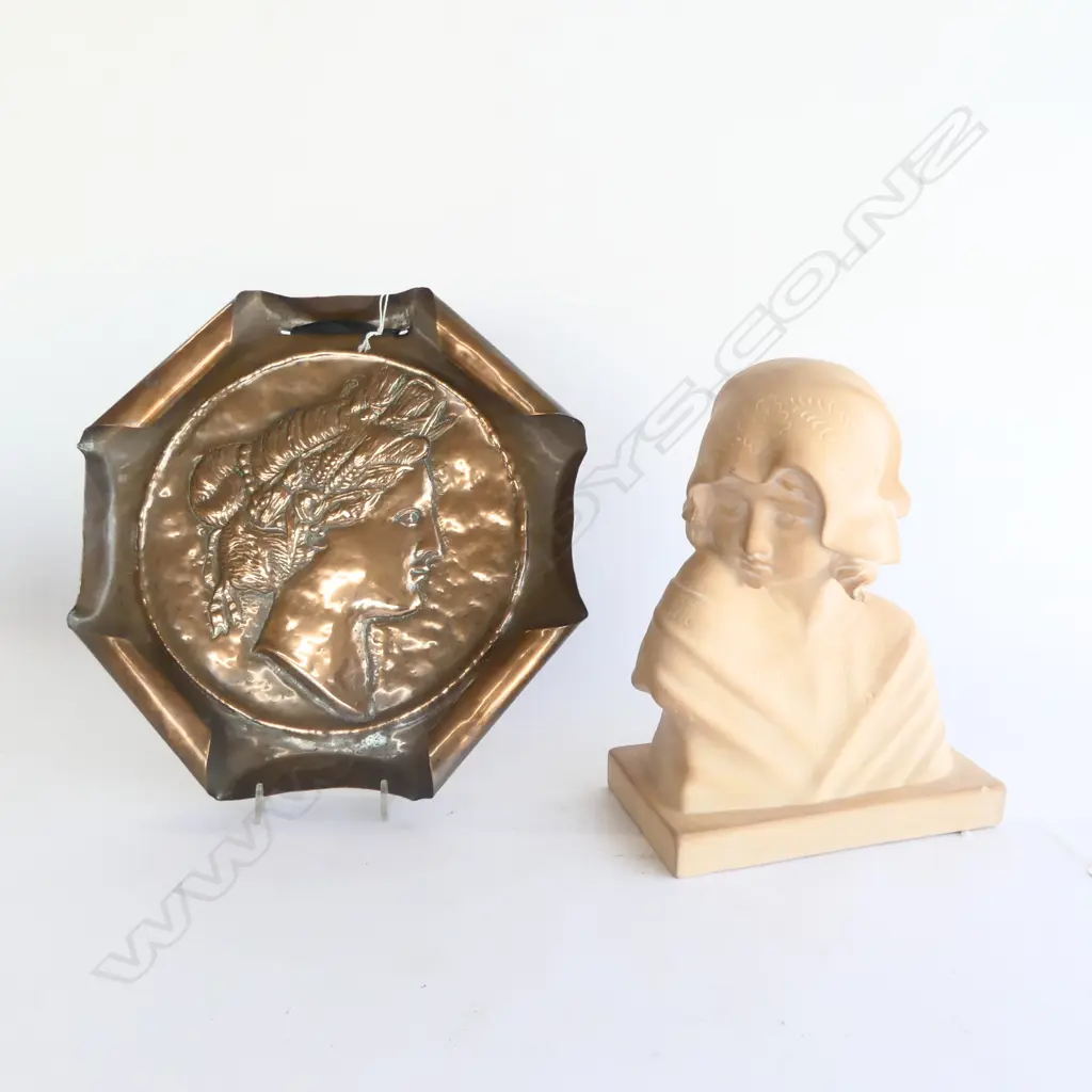 ART NOUVEAU BISQUE FIRED MAGDALENA BUST, H.240mm (small chip to base) & COPPER PLAQUE w Roman woman relief Image 1++
