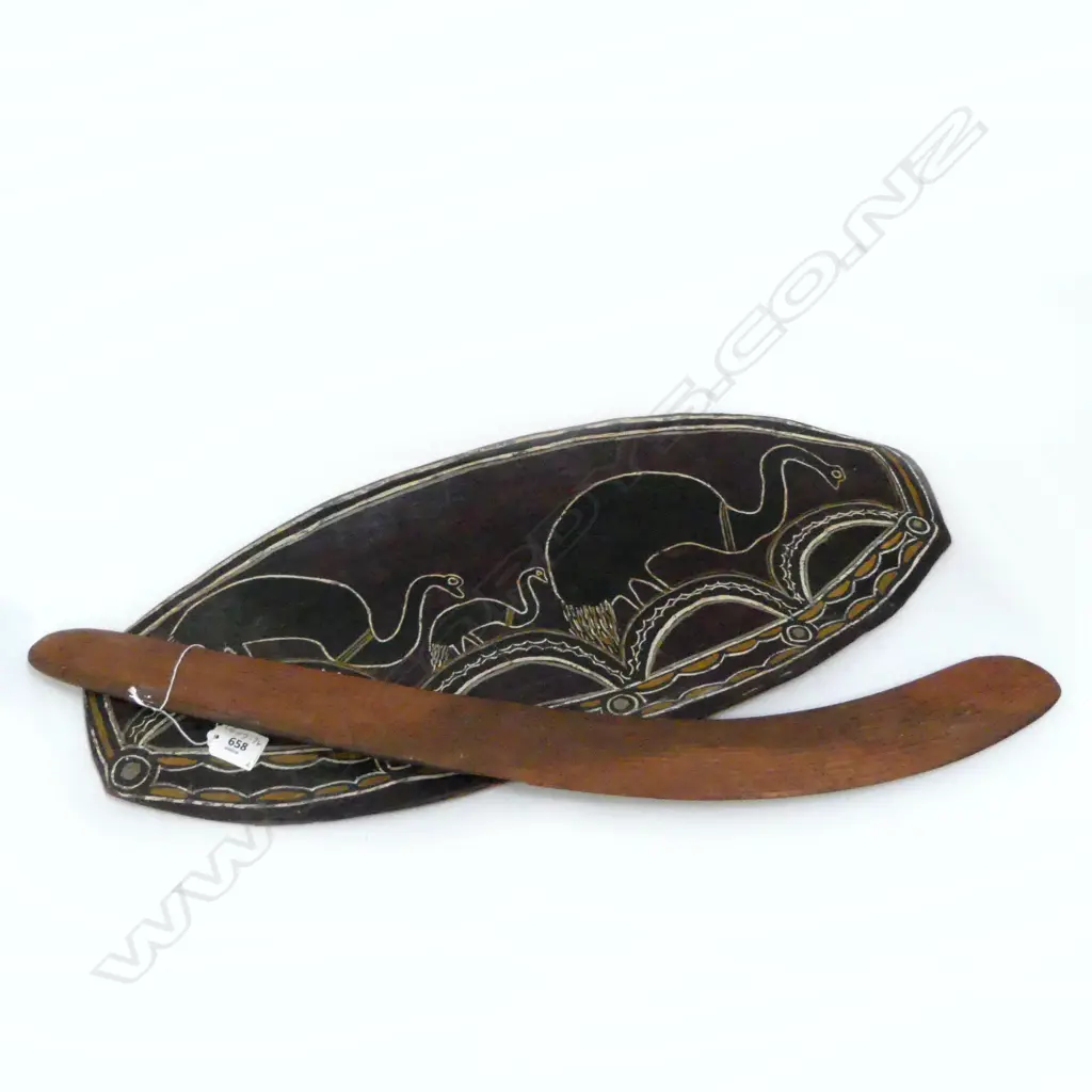  ABORIGINAL BOOMERANG + TRIBAL ART TREE BARK L690mm Image 1++