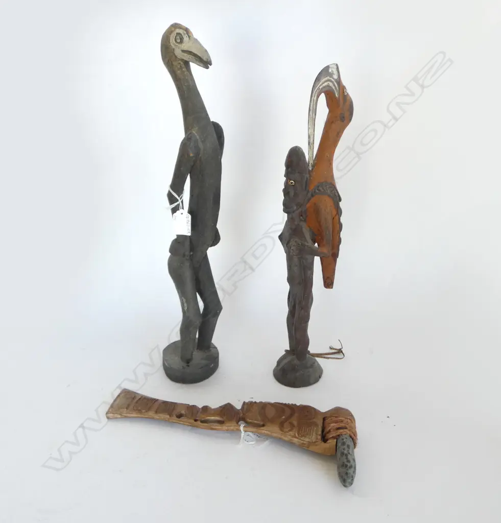 TWO PAPUA NEW GUINEA CARVED WOOD FIGURES H.350mm HAFTED STONE ADZE   Image 1++