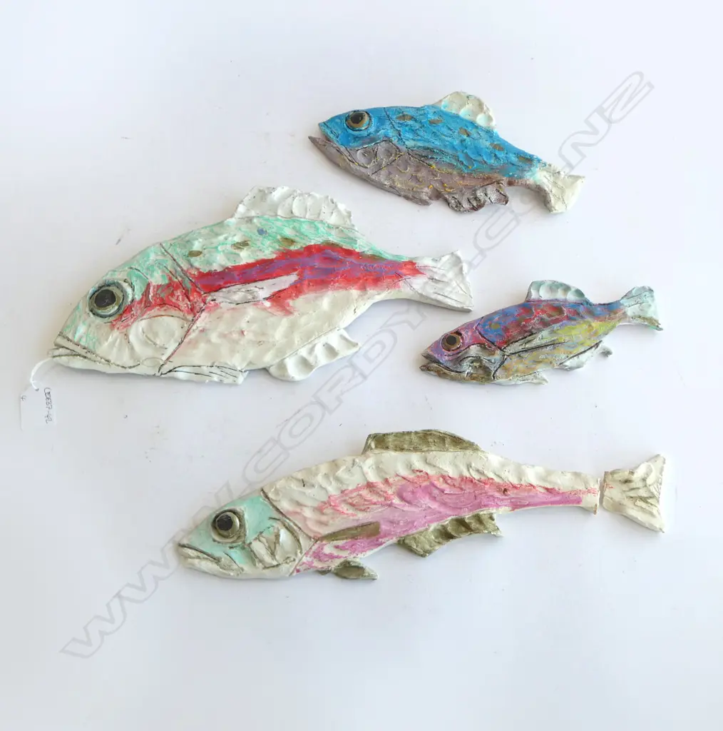 4 N.Z. POTTERY FISH FORM WALL HANGINGS L.330mm One fish tail needs repair, all inscribed with potters name verso  Image 1++