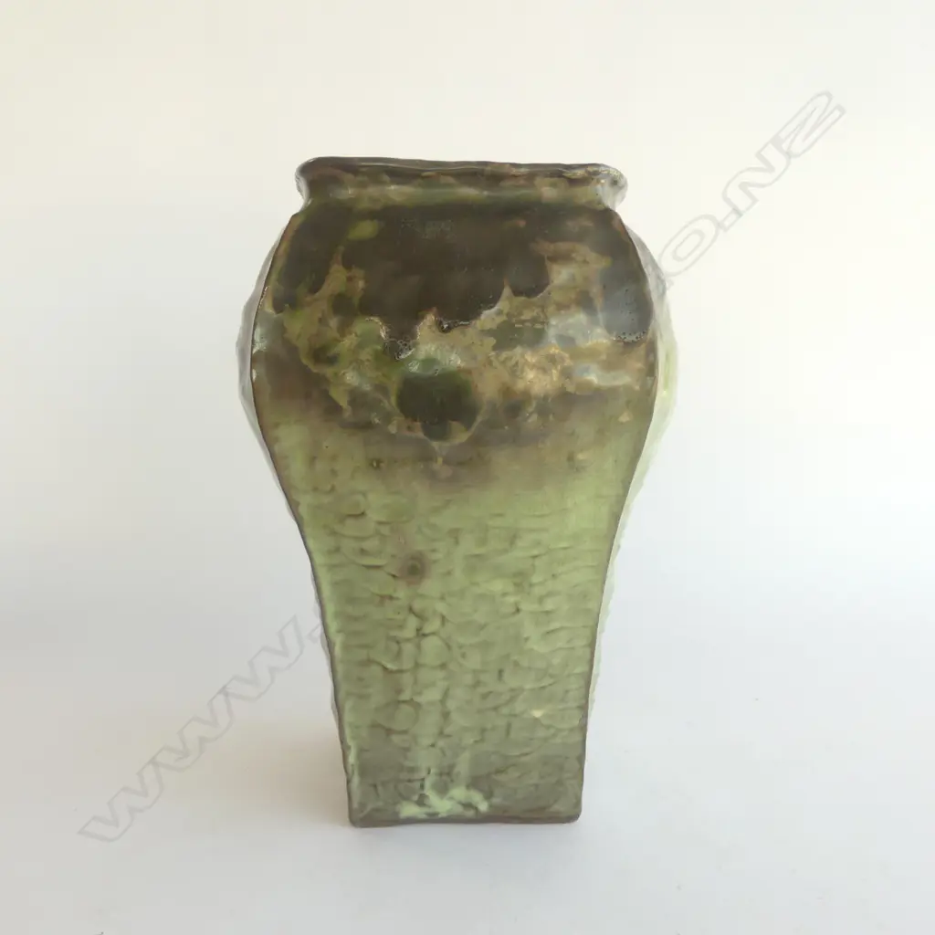 LARGE VINTAGE JAPANESE POTTERY VASE tapered square form variable green glaze textured finish H.300mm flake chip to base Image 1++