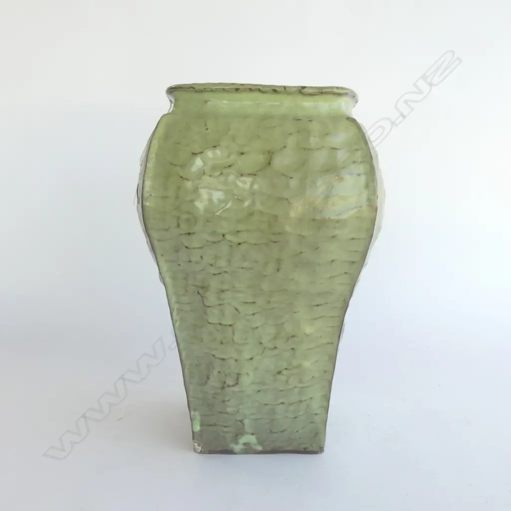 LARGE VINTAGE JAPANESE POTTERY VASE tapered square form variable green glaze textured finish H.300mm flake chip to base Image 1++