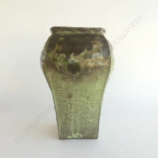 LARGE VINTAGE JAPANESE POTTERY VASE tapered square form variable green glaze textured finish H.300mm flake chip to base