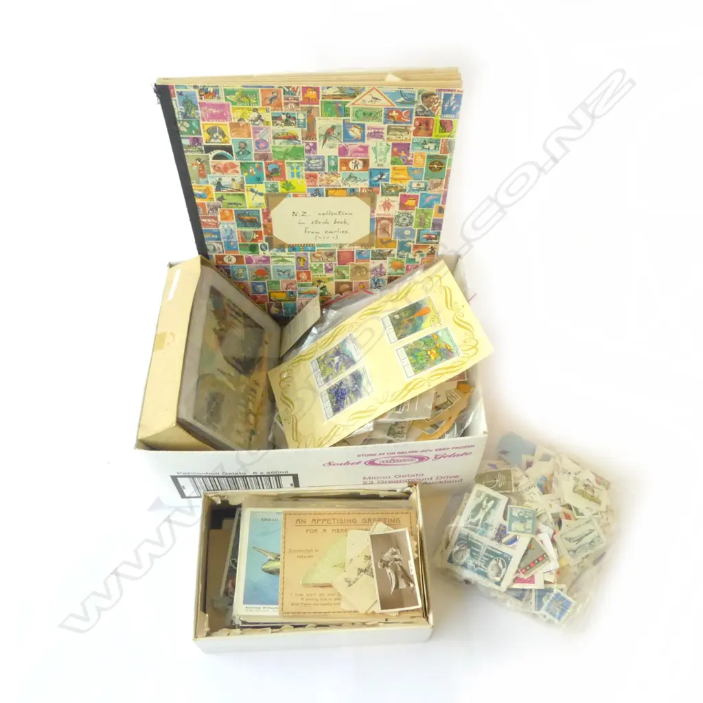 ASST. LOOSE WORLD STAMPS + STAMP ALBUM & WORLD POSTCARDS Image 1++