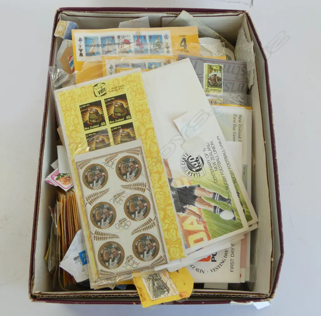 BOX OF ASST. STAMPS INCLUDING N.Z. RUGBY etc Image 1++