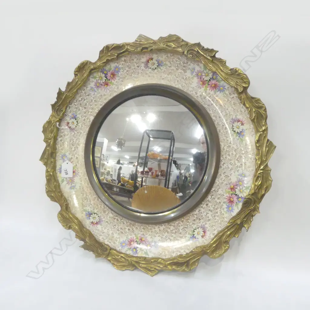 CONVEX MIRROR w. BRASS & CERAMIC FRAME 350mm dia Image 1++