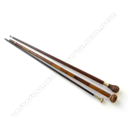 3 WALKING STICKS; ONE WITH FIJI PENNY TO TOP L.180mm