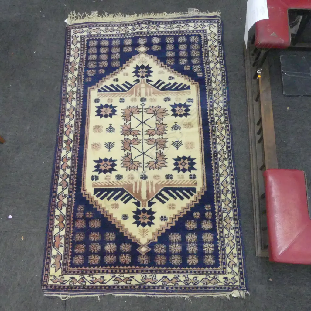 PERSIAN H/KNOTTED WOOL RUG 1800 x 1100mm cream ground + indigo geometric motifs autumnal tones Image 1++