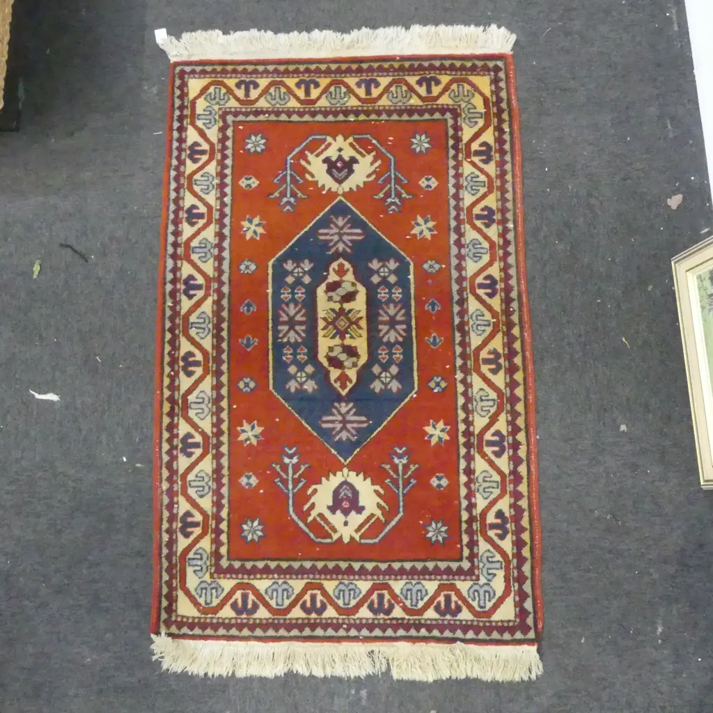 PERSIAN RUG, GEOMETRIC PATTERNS, RED BLUE COLOURS, 1220 x 760mm Image 1++