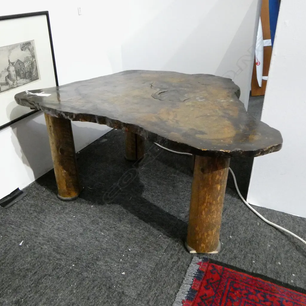 JAPANESE MEIJI EXOTIC SLAB TOPPED LOW (COFFEE) TABLE on 4 log form legs 700 x 600 c 330mm Image 1++