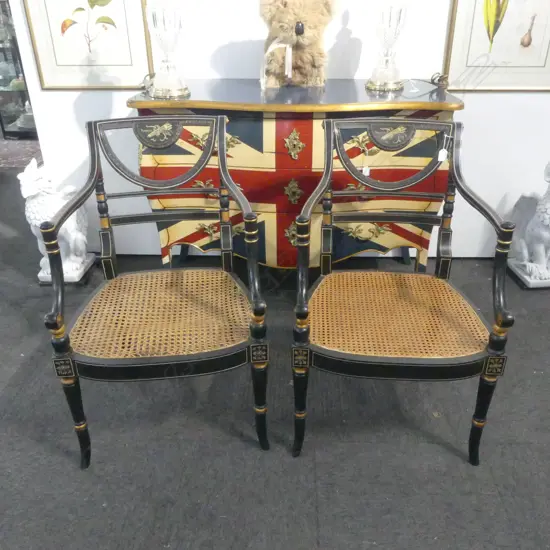 PAIR REGENCY STYLE QUALITY black lacquer + gilt + painted ELEGANT ARMCHAIRS some cane faulted & absent