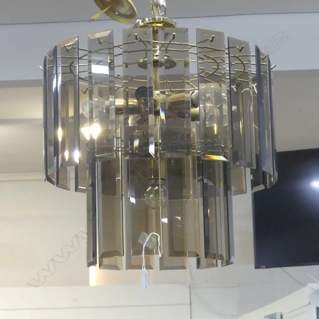 1980's AMBER GLASS CHANDELIER 2 tiers of wide bevelled glass bars gilt frame Dia.420mm Image 1++
