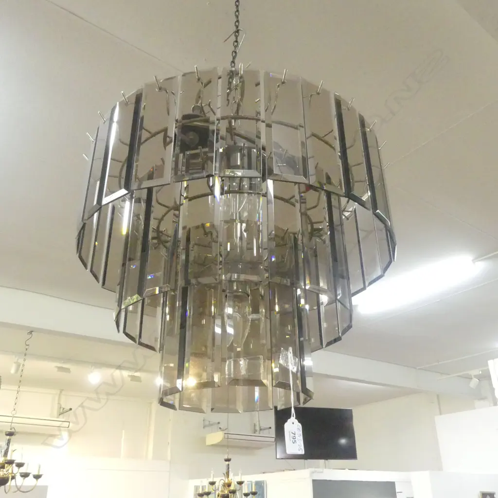 1980's AMBER GLASS CHANDELIER 3 tiers of wide bevelled glass bars white metal frame Dia.420mm Image 1++