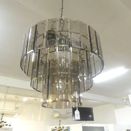 1980's AMBER GLASS CHANDELIER 3 tiers of wide bevelled glass bars white metal frame Dia.420mm