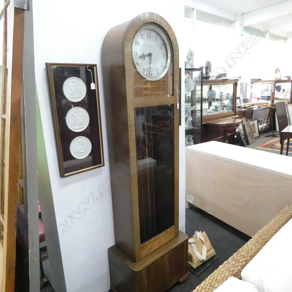 DECO 1930s ENFIELD LONG CASE CLOCK H.1900mm w. KEYS, WEIGHTS & INSTRUCTIONS... Image 1++