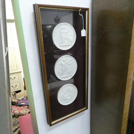 3 FRAMED PARIANWARE PLAQUES GREEK SCENES H630 W280MM