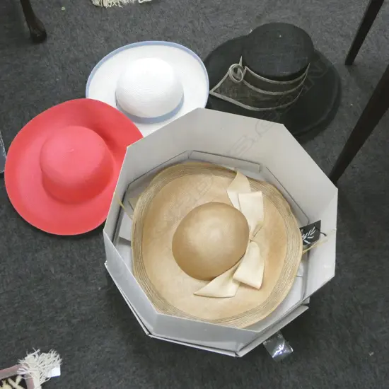 4 VINTAGE LADIES HATS: 3 LABELLED 'THE ESSENTIAL HAT MELBOURNE' IN 1 BOX. From the estate of a titled Lady
