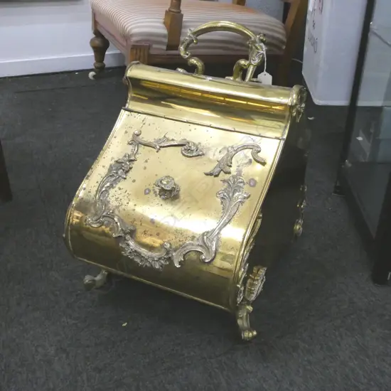 ORNATE VINTAGE BRASS PERDONIUM COAL SCUTTLE w shovel and tongs, 310 x 450 x 500