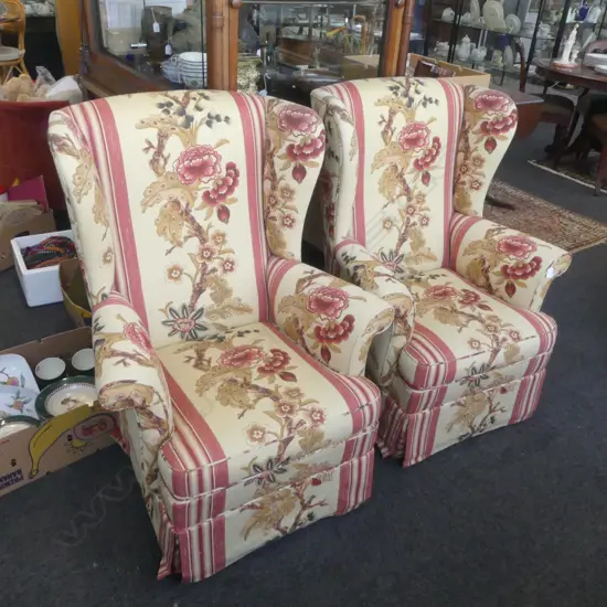 PR WING BACK BASE ROCKER CHAIRS floral red & cream patterned upholstery. From the estate of a lady.