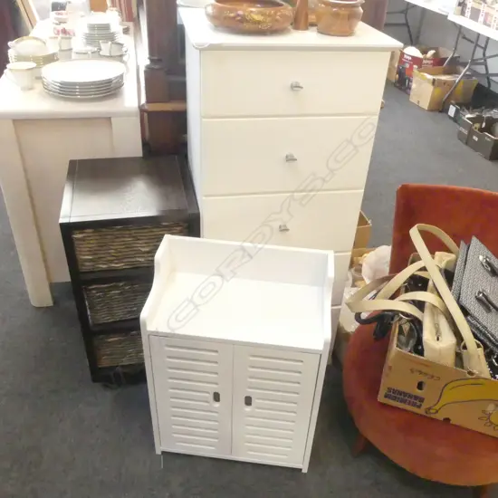3 MODERN PCES FURNITURE; TALLBOY, CABINET & 3 DRAWER UNIT (FAULTS)