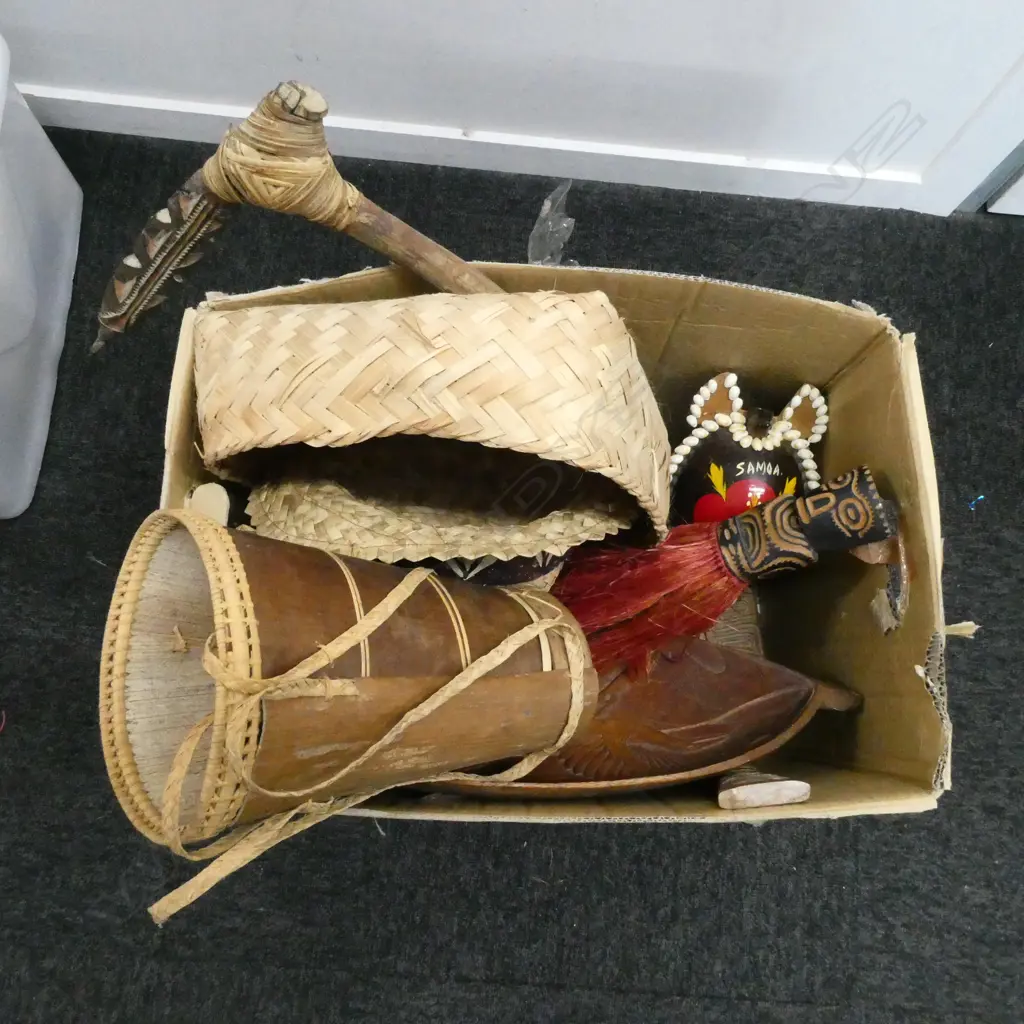 ASST. TRIBAL WOVEN BASKETS, SHELLS, CARVED WOOD CEREMONIAL BOWL, etc Image 1++