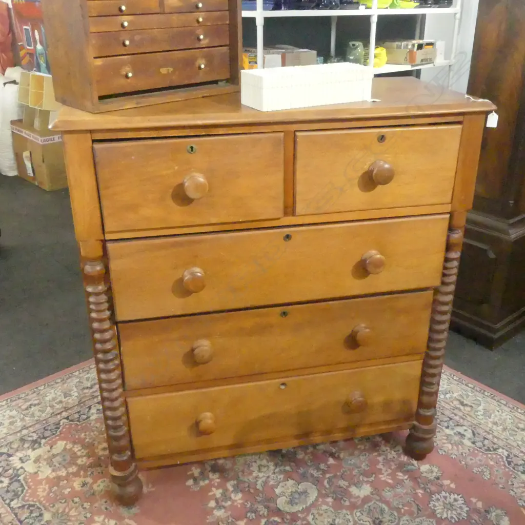 5 DRAWER CHEST OF DRAWERS 1070x470x1160mm with cotton reel adornment, split top Image 1++