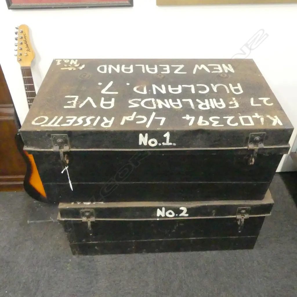 TWO WWII NZ MILITARY TRUNKS L/CPL RISSETTO 900x500x400mm Image 1++