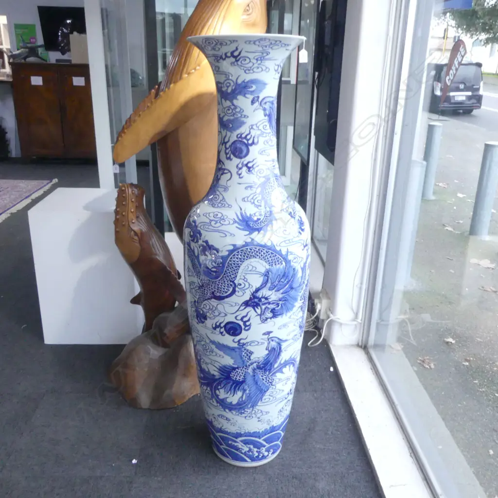 CHINESE BLUE/WHITE DRAGON & PHOENIX TEMPLE VASE H.1550mm Image 1++