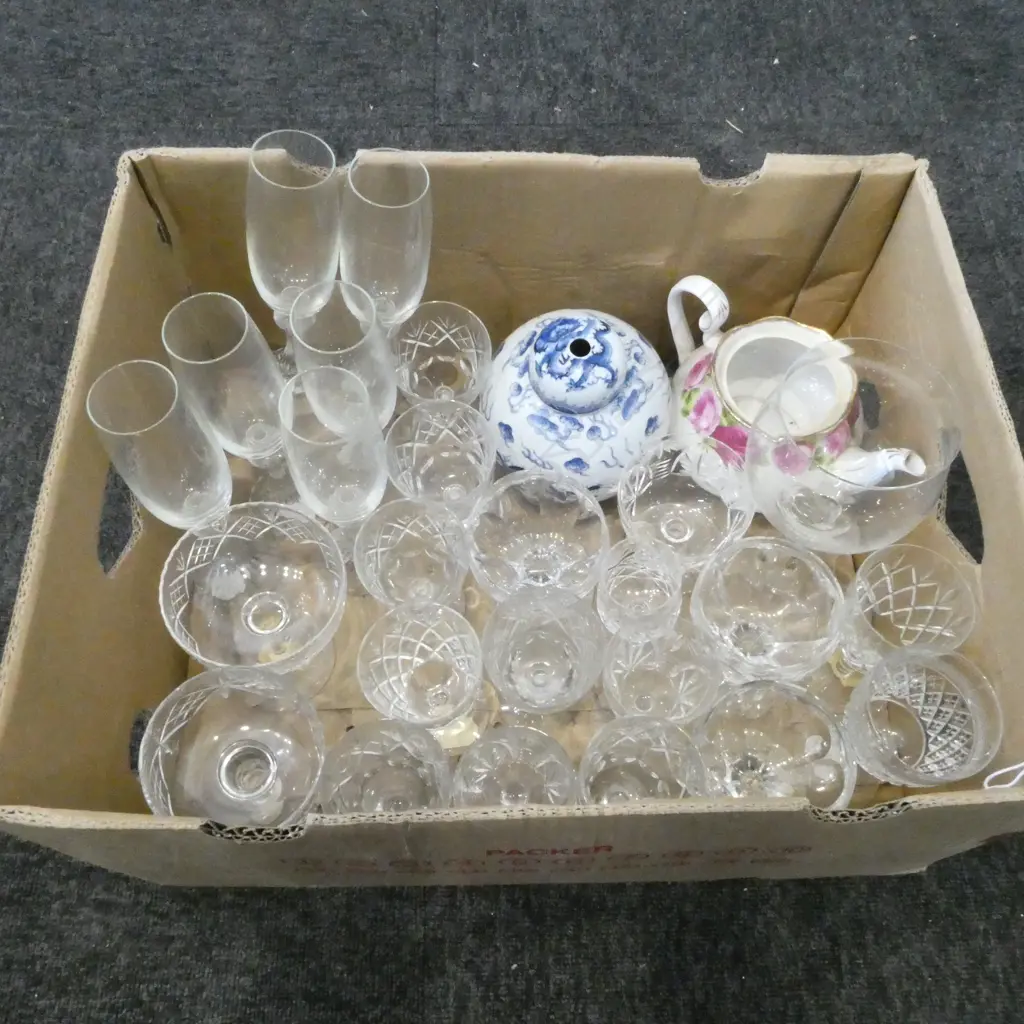 BOX OF CRYSTAL GLASSES FLUTES R/A TEAPOT NO LID  CHINESE LAMP BASE ETC Image 1++
