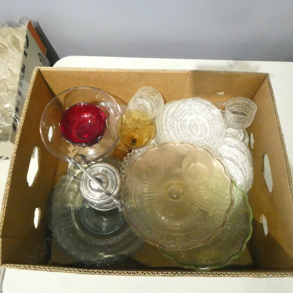 BOX OF DEPRESSION GLASS ETC Image 1++