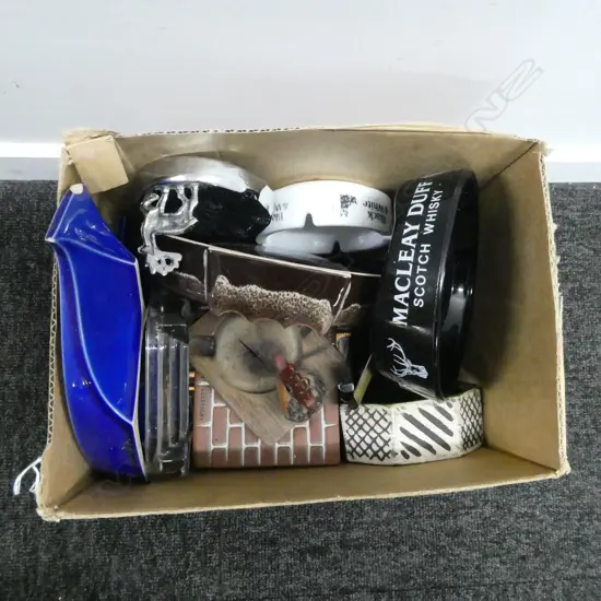 BOX OF ASSORTED ADVERTISING ASHTRAYS 