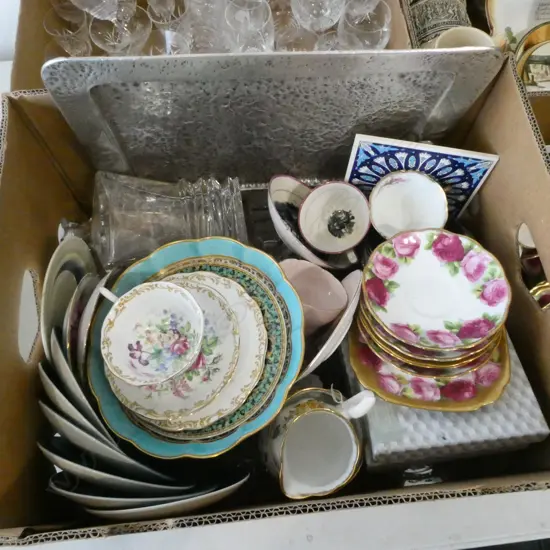 BOX LOT CSPS DISHES CRYSTAL NAPKIN RINGS DECANTER AF ETC