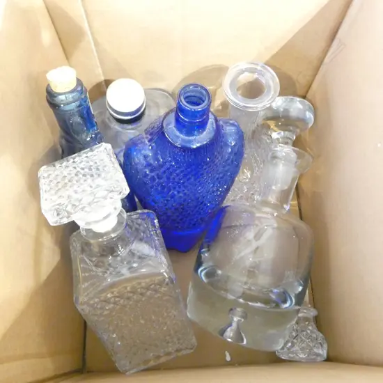 3 DECANTERS + 3 BOTTLES (1 MISSING LID)