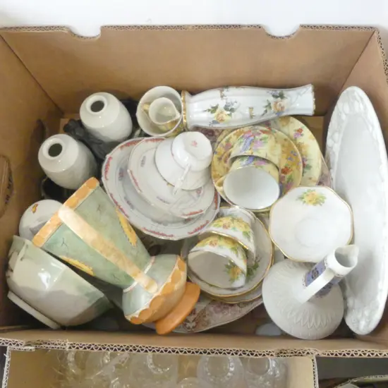 BOX LOT CHINA PART TEASETS VASES TURKEY ASHET ETC