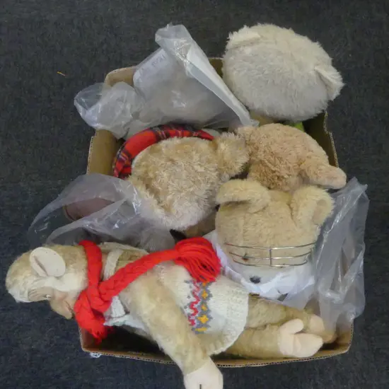 5 TEDDY BEARS INCLUDING HARODS + OLD RABBIT & MONKEY